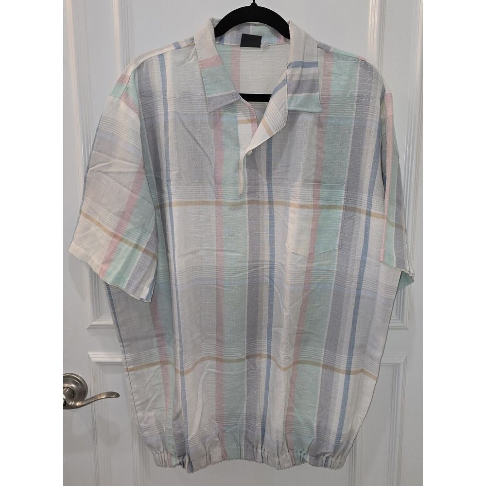 Vintage 70s SPIRE California Short Sleeve‎ Shirt Polo, Pastel Plaid, Retro, XLT